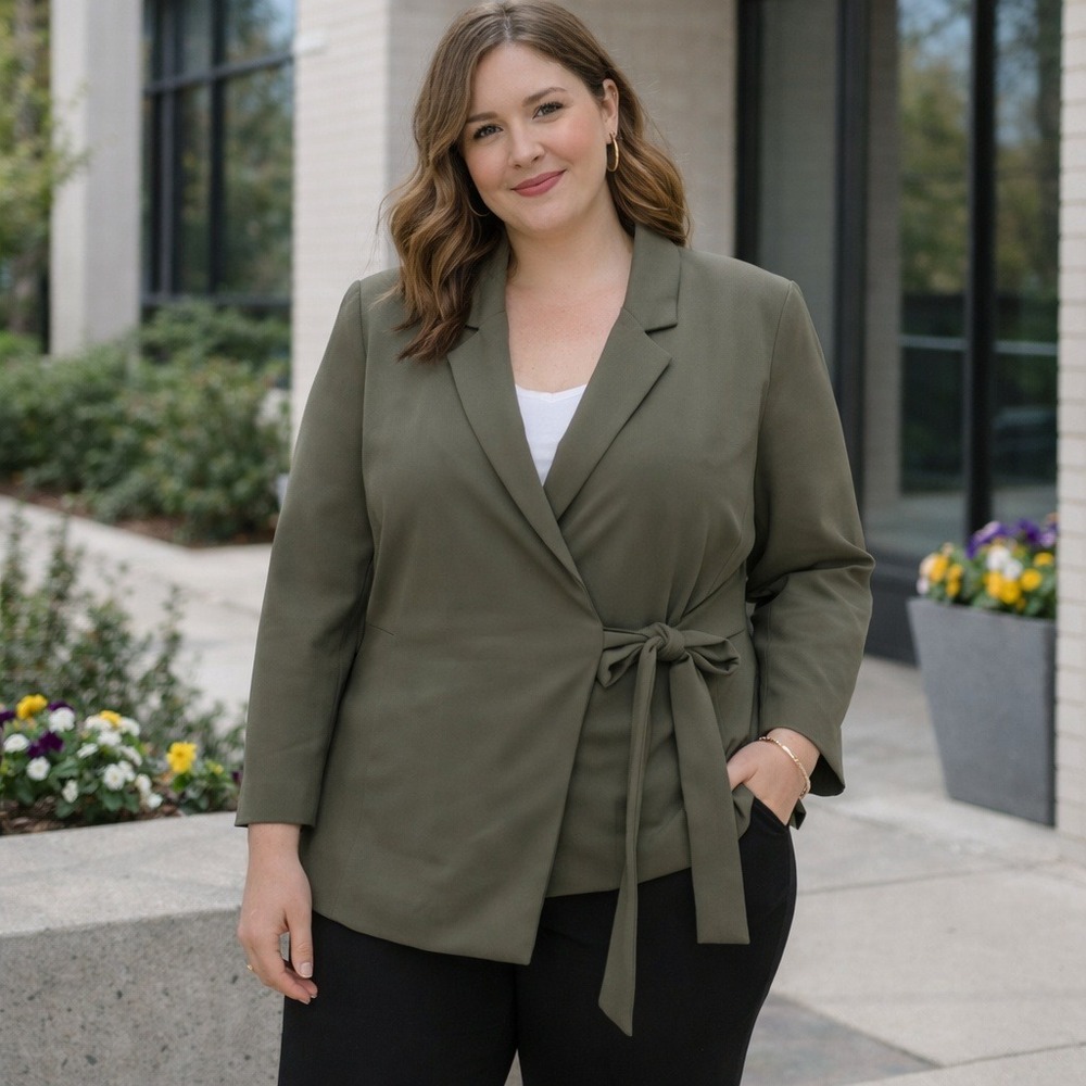 Spanx‎ Blazer Women 1X Olive Green The Perfect Oversized Tie-Waist Jacket Career